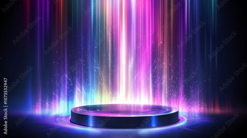 A circular platform with a neon light display with a rainbow of colors in the background. A circular platform with a neon light display with a rainbow of colors in the background.