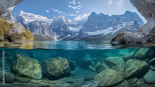 A breathtaking view of a mountain lake with snow-capped peaks reflected in the crystal clear water, seen from a cave entrance. The underwater view reveals large, smooth rocks and a vibrant blue hue.