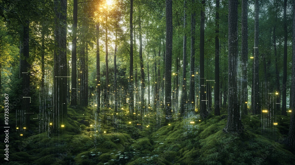 Fototapeta premium Sun rays illuminate a dense forest with glowing particles, creating an ethereal and magical atmosphere.