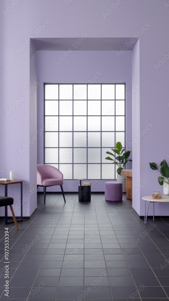 Fototapeta premium Modern Interior with Lavender Walls and Stylish Furniture: A Spacious Lounge for Relaxation and Inspiration