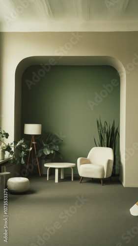 Modern Living Space: A serene, minimalist room featuring a light-colored armchair, indoor plants, and soft green accents suitable for interior design inspiration.