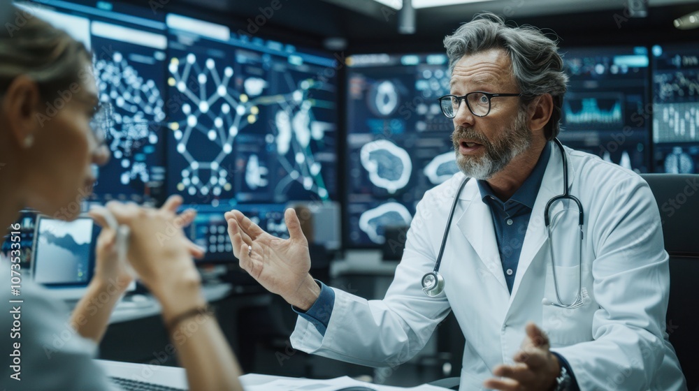 Fototapeta premium An engaged doctor passionately explains complex medical data to a patient in a modern clinic, surrounded by advanced technology, This image works well for healthcare articles, presentations