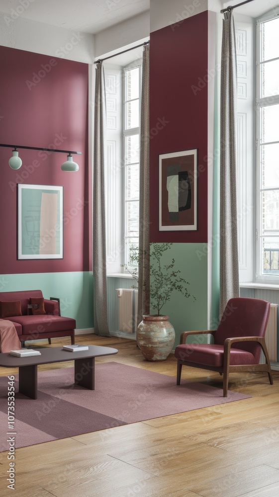 Fototapeta premium Modern Living Room Design: A stylish interior with maroon and green walls, stylish furniture, and natural decor for inspiration.