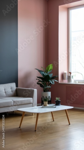Modern Living Room: A stylish interior featuring a sofa, coffee table, and potted plants with pastel walls, perfect for decor inspiration.