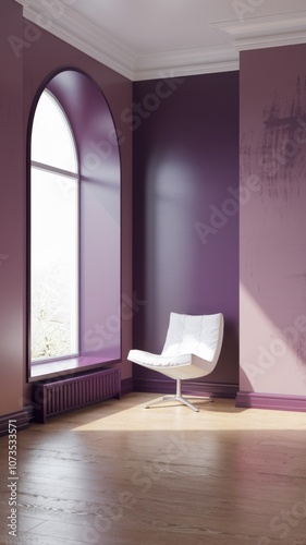 Modern Interior Design: Minimalist Purple Room with Stylish Chair and Large Window, Ideal for Home Decor Inspiration