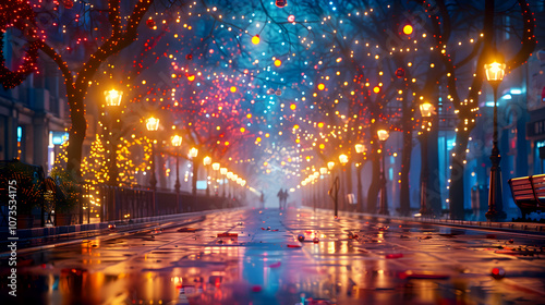 Vibrant Holiday Lights Strung Across a Serene Street