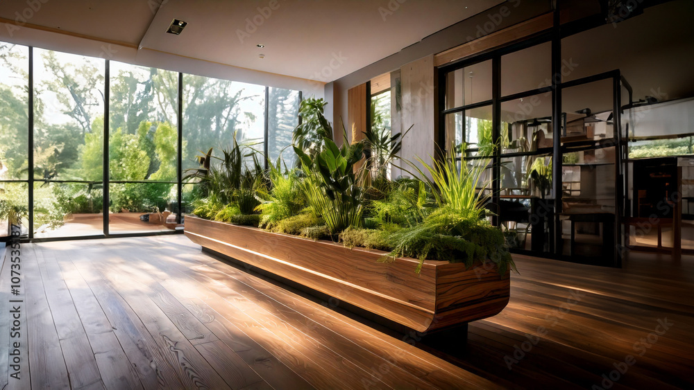 macetero alargado de madera con plantas dentro de un espacio interior macetero alargado de madera con plantas dentro de un espacio interior
