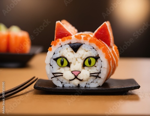 Cat-shaped sushi rolls. Philadelphia roll in the form of a kitten. AI generated image.