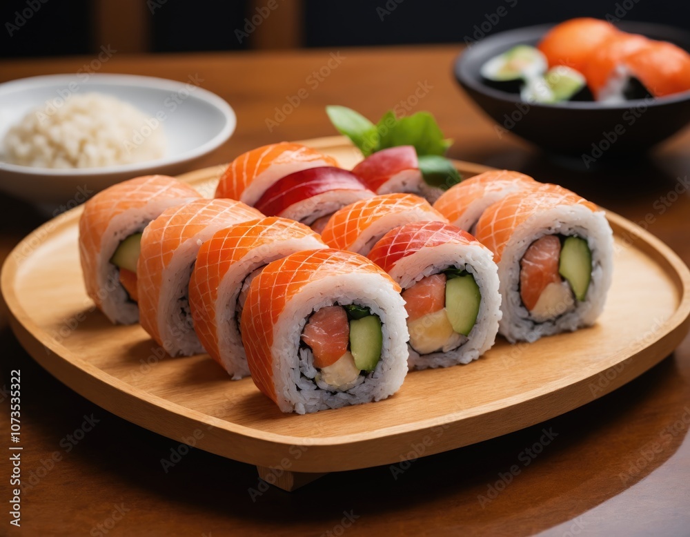 Sushi roll with salmon, prawn, avocado, cream cheese. Sushi menu. Japanese food. Sushi roll with salmon, prawn, avocado, cream cheese. Sushi menu. Japanese food.