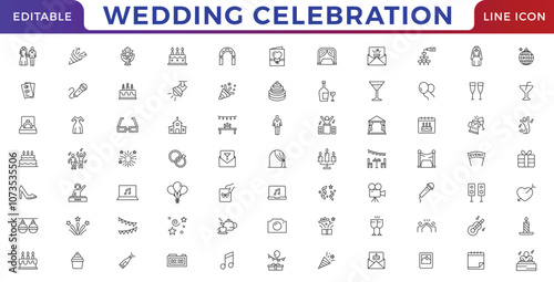 Wedding icons set.  Love beauty celebration wedding couple bride marriage flat icon pack. UI flat icons collection