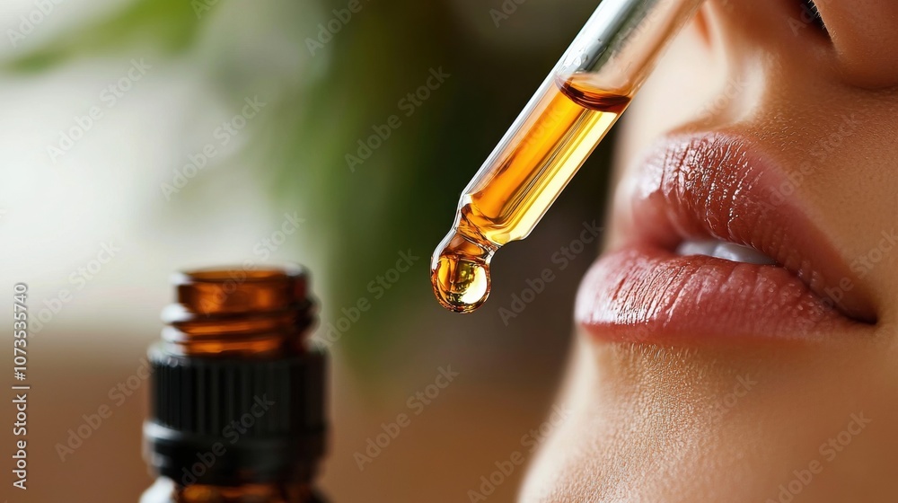 A woman is applying a liquid to her lips A woman is applying a liquid to her lips