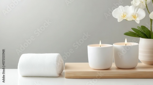 A white towel is laying on a wooden tray with two candles and a vase of flowers