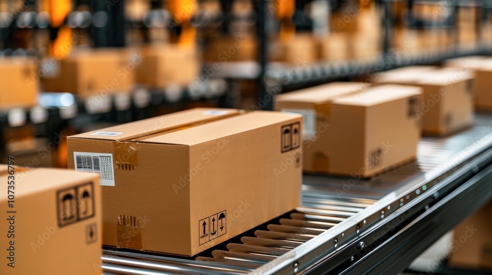 A close-up view of cardboard boxes on a conveyor belt in a warehouse, showcasing an organized logistics process, This image is ideal for articles on shipping, warehousing, or supply chain management, A close-up view of cardboard boxes on a conveyor belt in a warehouse, showcasing an organized logistics process, This image is ideal for articles on shipping, warehousing, or supply chain management,