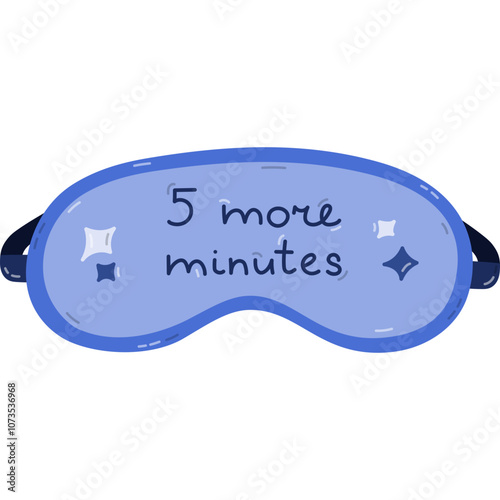 Cute cartoon sleeping mask with lettering 5 more minutes and stars. Funny girly blue eye mask. Hand drawn bedtime accessory for comfortable dreaming to prevent insomnia isolated on white background.