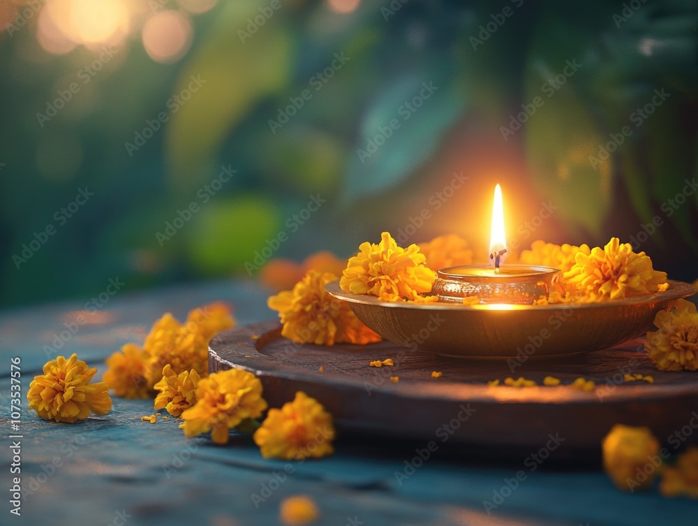 Obraz premium Glowing Diya and Yellow Flowers