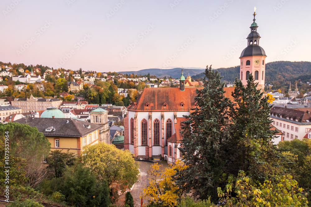 Obraz premium Autumn view over the old spa town of Baden-Baden and Stiftskirche church, Germany