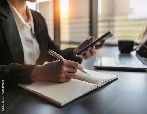 Office tools and gadgets symbolizing an assistant's role, featuring items like a notebook, pen, and smartphone, representing organization, support, and efficiency. photo