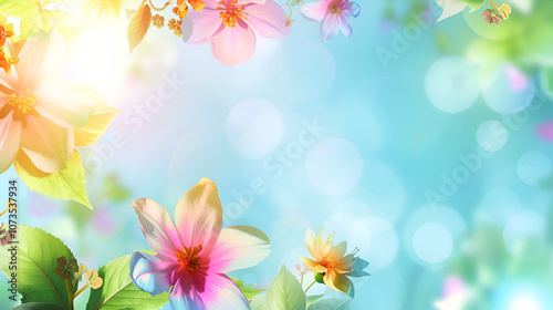 Soft spring summer landscape with colorful wildflowers and blue sky