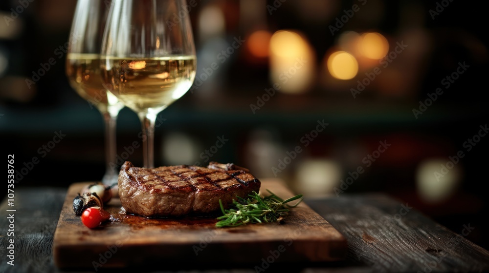 Elegant Steak Dinner with Grilled Garnishes and Wine Glasses in a Cozy Restaurant Ambiance Elegant Steak Dinner with Grilled Garnishes and Wine Glasses in a Cozy Restaurant Ambiance