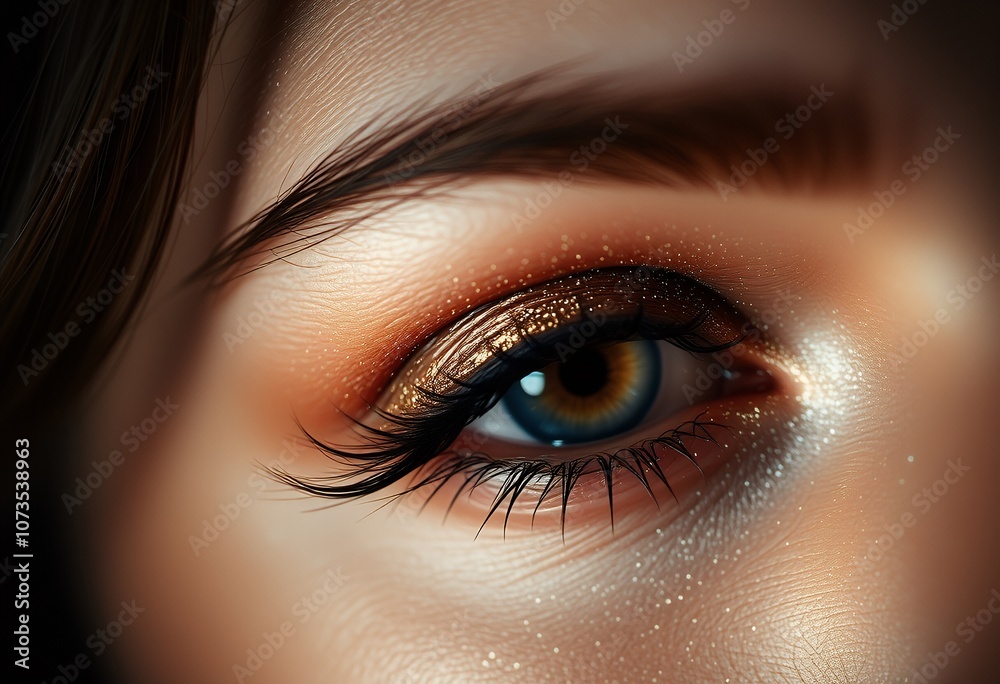 Close up of Woman s Eye with Gold Glitter Makeup Close up of Woman s Eye with Gold Glitter Makeup