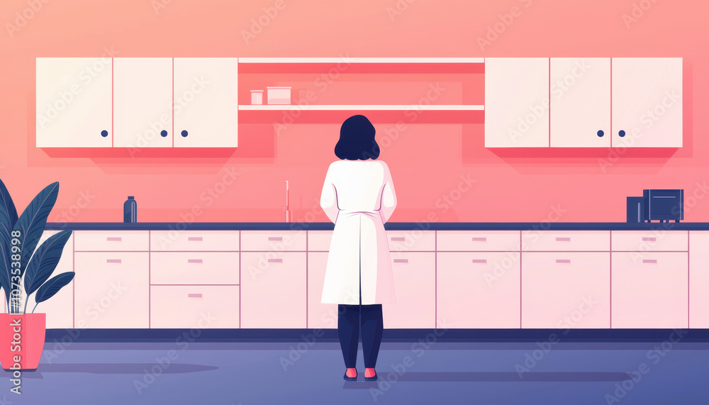 Obraz premium A thoughtful woman in a lab coat stands in a modern kitchen with a minimalist design, featuring pink walls and sleek cabinets.