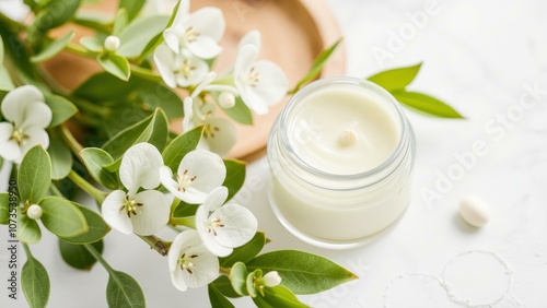 Experience Natural Bliss with Our Creamy White Body Butter, Surrounded by Fresh White Flowers and Green Leaves for a Calming, Relaxing Aroma Therapy Session