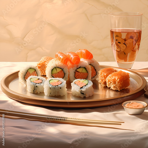 Japanese food, sushi with salmon, beautifully arranged on a plate. Generative AI