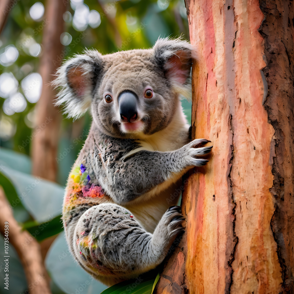 Fototapeta premium young koala clinging to a colorful rainbow eucalyptus tree, with bark displaying vibrant, natural hues