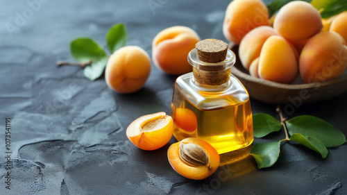Close-up of apricot kernel oil in bottle with fresh ripe fruits on dark stone background. Organic ingredient for skincare and culinary applications. Concept of natural beauty treatments and products