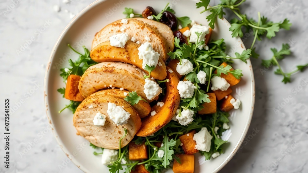 Gourmet Autumn Salad with Grilled Chicken, Sweet Potatoes, and Feta - Perfect for Healthy Meals and Diet Plans Gourmet Autumn Salad with Grilled Chicken, Sweet Potatoes, and Feta - Perfect for Healthy Meals and Diet Plans