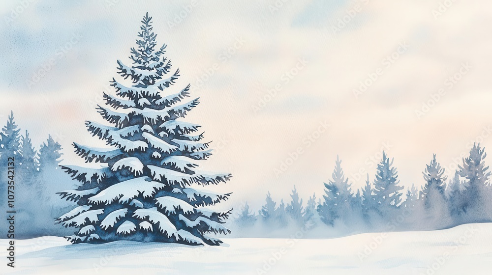 Fototapeta premium Snowcovered Christmas tree with lights, watercolor, winter scene, joyful and cozy holiday feeling