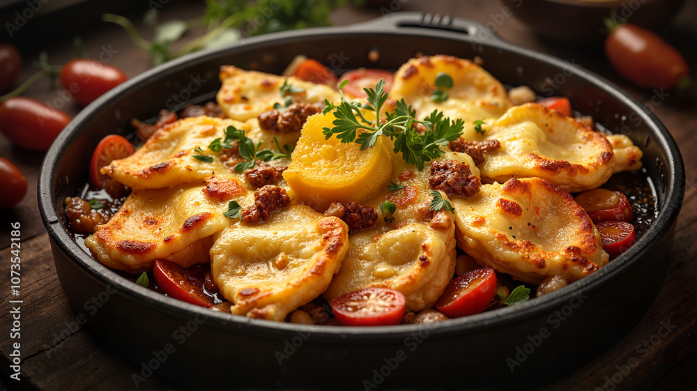 Pierogies with sausage and tomatoes in cast iron skillet Pierogies with sausage and tomatoes in cast iron skillet
