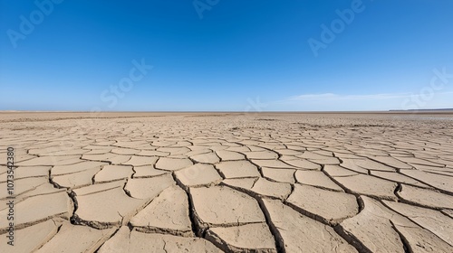 Intricate fractal like patterns on dried cracked mudflats under a cloudless arid sky The weathered abstract texture of the parched earth creates a minimalist conceptual landscape