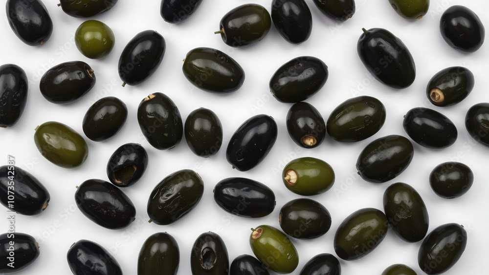 Fresh Black Olives Scattered on White Background, Perfect for Cooking, Snacking, or Decorating Dishes Fresh Black Olives Scattered on White Background, Perfect for Cooking, Snacking, or Decorating Dishes