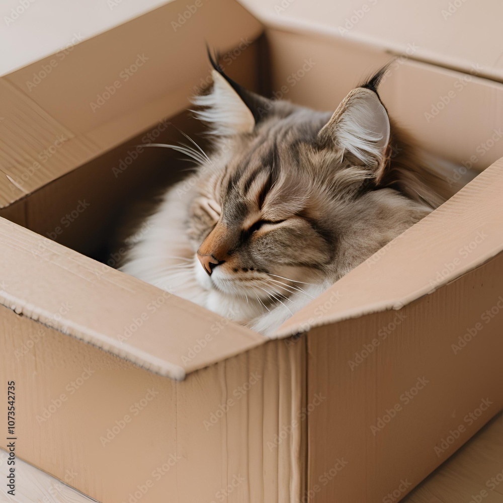 Fototapeta premium cute cat sleeping in a cardboard box