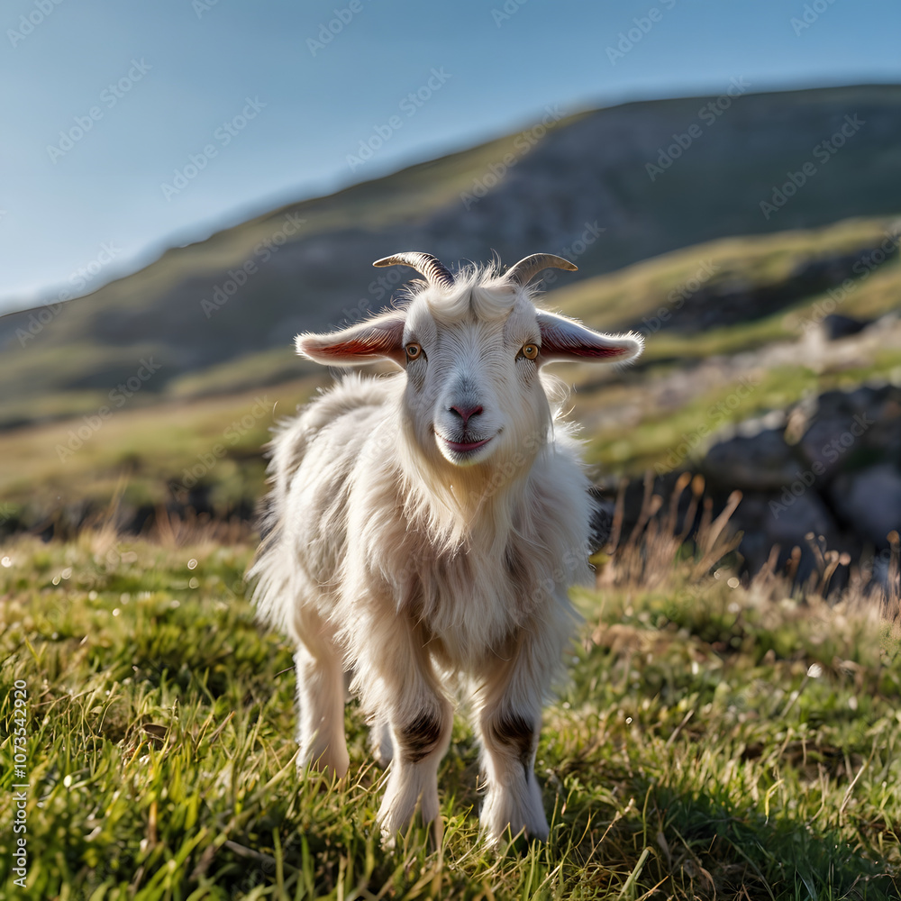Fototapeta premium goat standing on a grassy hilltop
