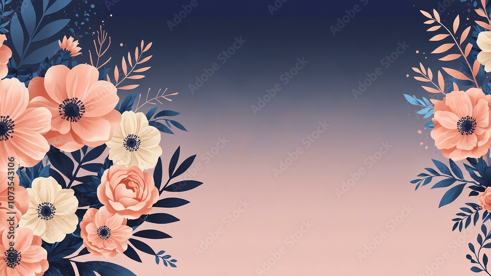 Obraz premium blush pink & navy blue colors floral pattern border made of beautiful flowers on gradient background. Flat lay, top view, with space for text