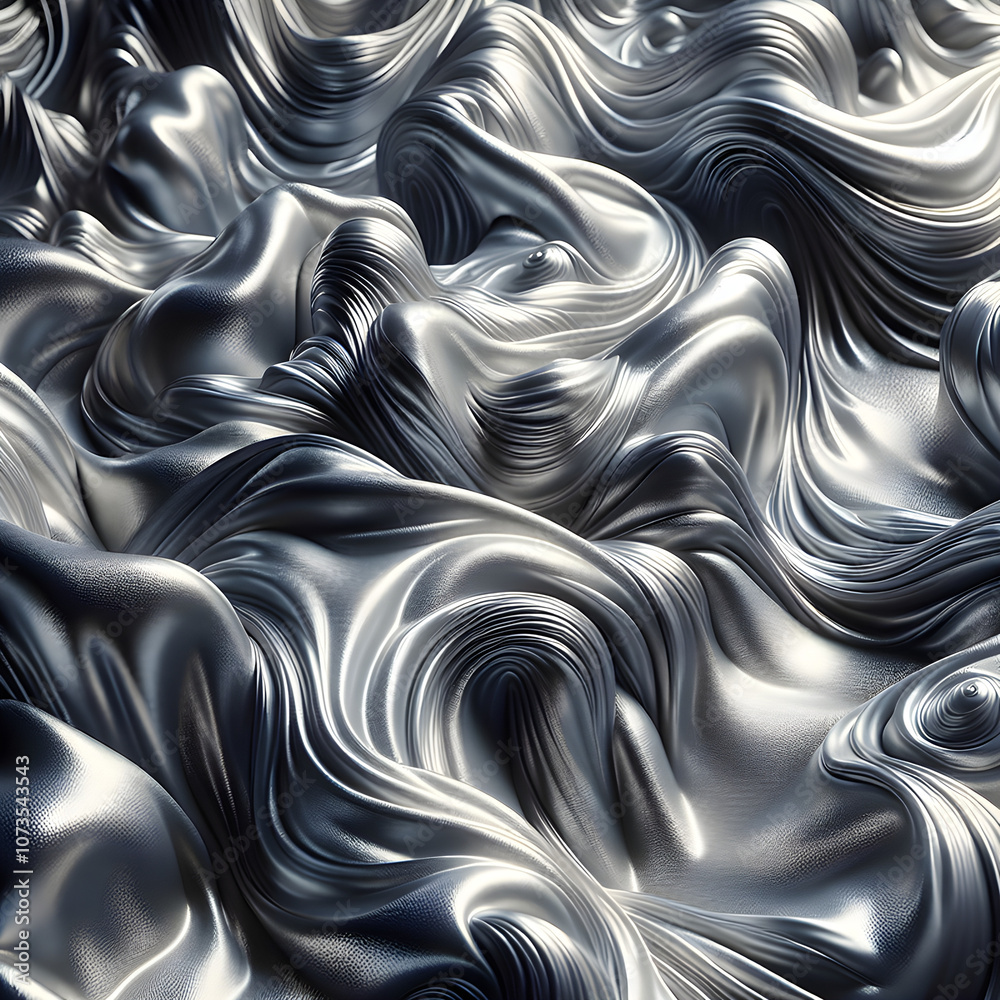 Naklejka premium A close-up of liquid metal swirls with soft silver and platinum tones