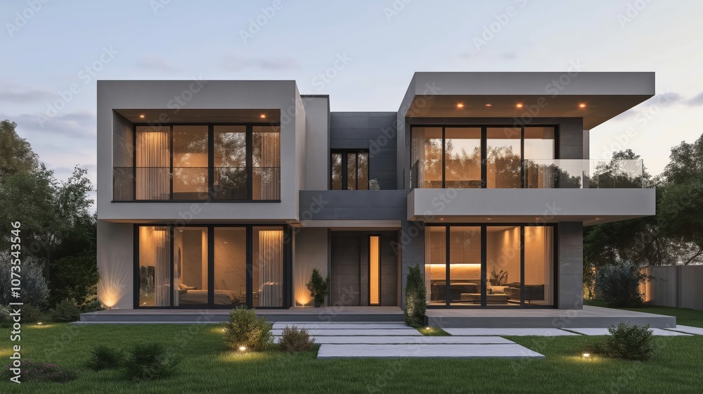 Modern house design with a grey exterior and ambient lighting in the interior Modern house design with a grey exterior and ambient lighting in the interior