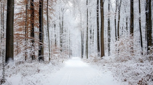 A snowy path winds through a dense forest, with tall trees covered in white powder, creating a serene and wintry scene.