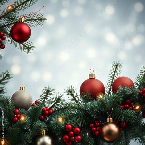 Christmas background with balls and fir branches frame christmas isolated