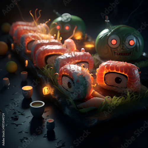 Cute monster sushi image in fantasy style. Generative AI