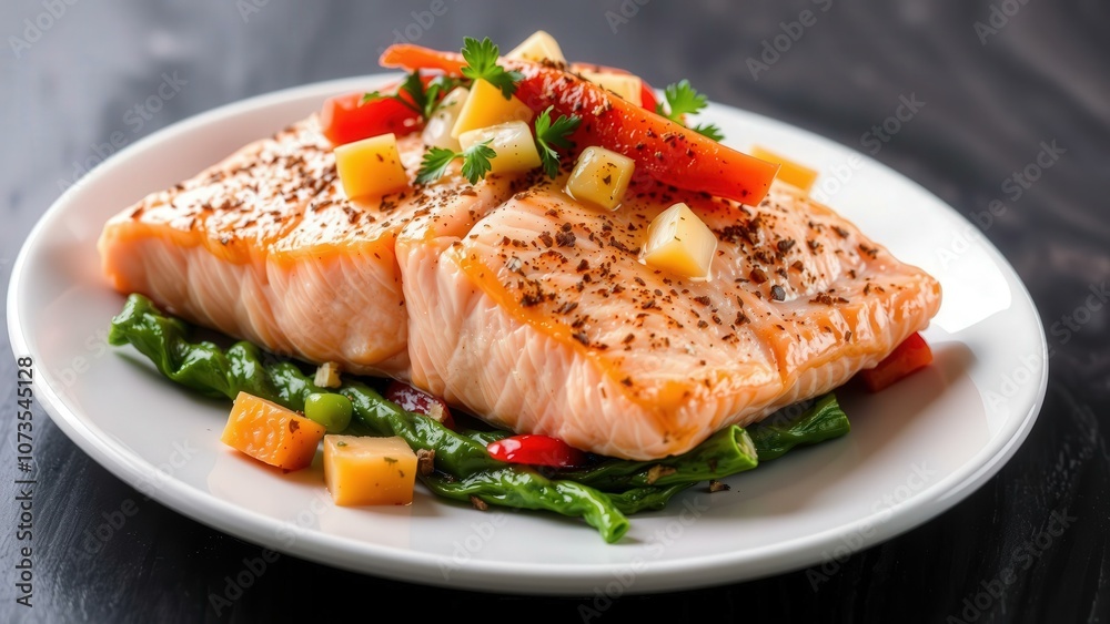 Delicious Grilled Salmon with Vibrant Vegetables and Tropical Fruit Salsa - Perfect for a Healthy and Refreshing Meal Delicious Grilled Salmon with Vibrant Vegetables and Tropical Fruit Salsa - Perfect for a Healthy and Refreshing Meal