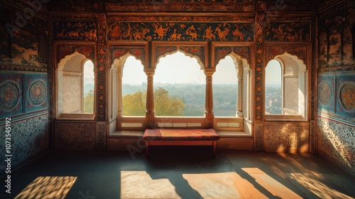 Indian-style window seat in the intricate designs of the palace 
