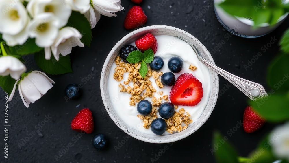 Delightful Breakfast Bowl with Fresh Berries, Creamy Yogurt, and Crunchy Granola - Perfect for a Healthy Morning Meal Delightful Breakfast Bowl with Fresh Berries, Creamy Yogurt, and Crunchy Granola - Perfect for a Healthy Morning Meal