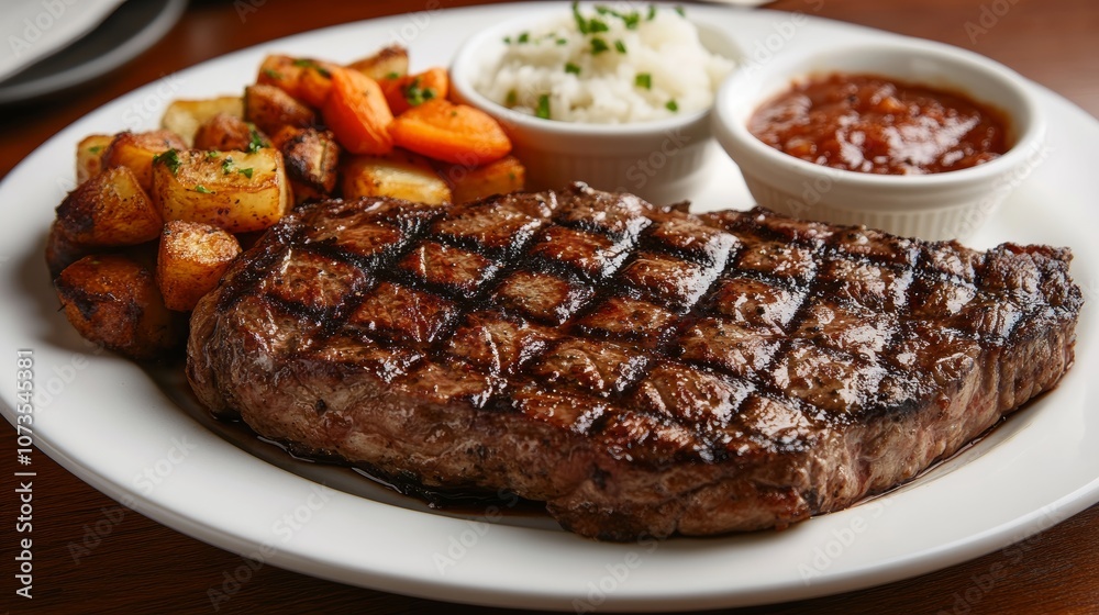Delicious Steak with Side Dishes on a Plate, Perfect for Restaurant or Food Blog Promotion Generative AI Delicious Steak with Side Dishes on a Plate, Perfect for Restaurant or Food Blog Promotion Generative AI