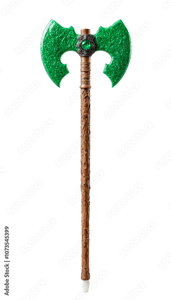 A wooden axe with a green handle and a wooden handle, adorned with a green knot, stands upright against a white background, showcasing its intricate design and craftsmanship A wooden axe with a green handle and a wooden handle, adorned with a green knot, stands upright against a white background, showcasing its intricate design and craftsmanship
