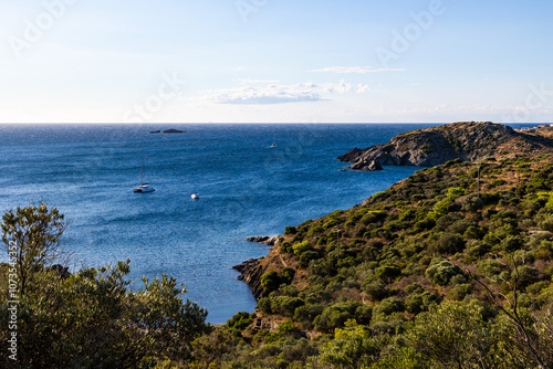 Sailboats anchored in a cove near Cadaqués