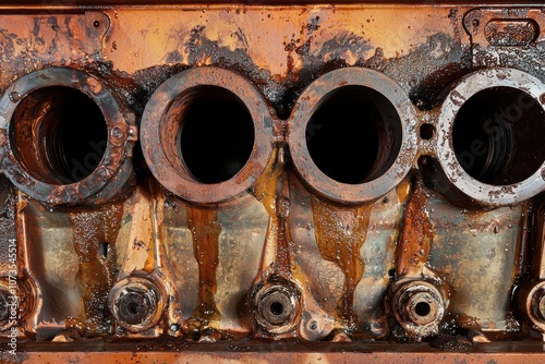 Close-Up View of a Diesel Engine Cylinder Block with Oil and Grease Residue, Highlighting Rust and Wear on Engine Components photo