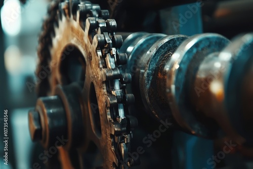 Detailed Close-up of a Diesel Engine Timing Sprocket with Chain and Tensioner Mechanism in Industrial Background for Technical Reference photo